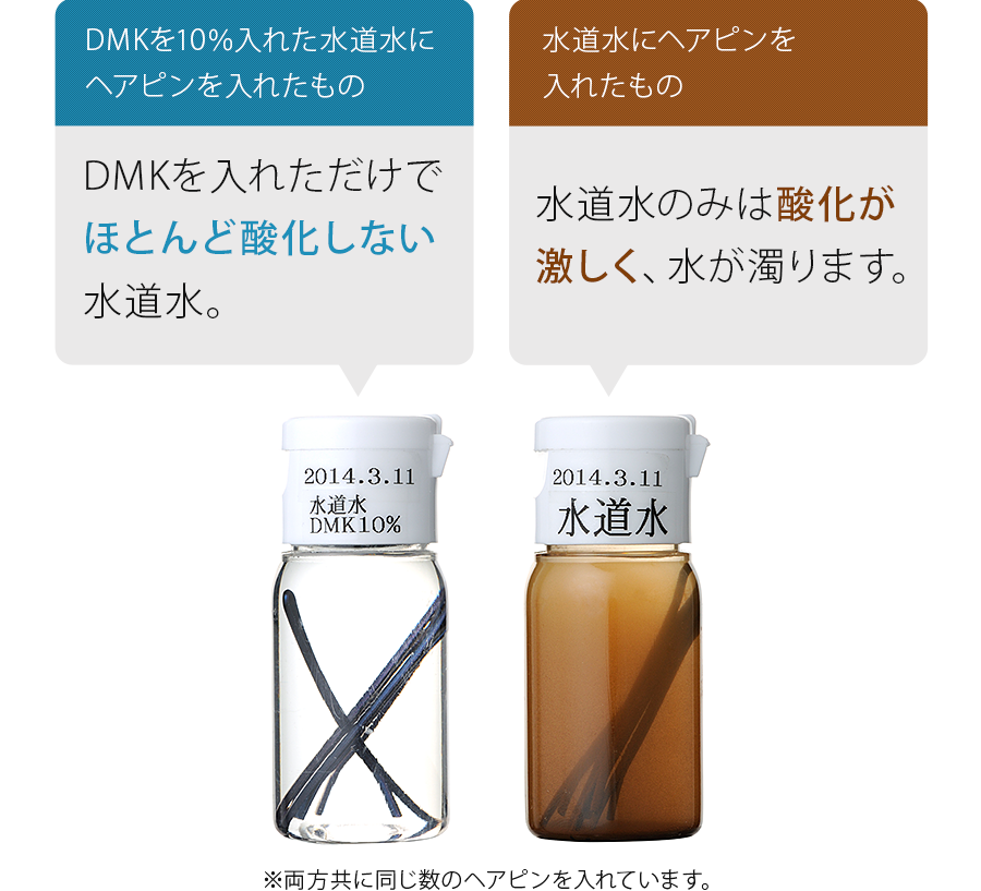 DMKを10％入れた水道水にヘアピンを入れたものと水道水にヘアピンを入れたものを比較すると、水道水のみは酸化が激しく、水が濁りますが、DMKを入れた水道水はほとんど酸化しないことがわかります。