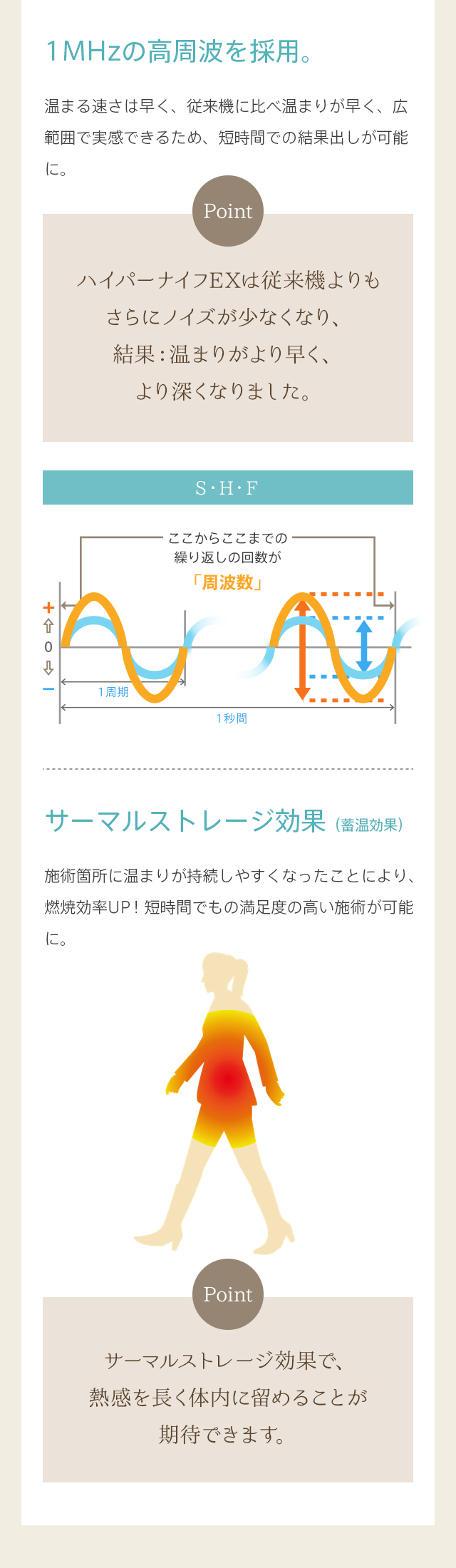 ハイパーナイフEXは従来機よりもさらにノイズが少なくなり、結果：温まりがより早く、より深くなりました。サーマルストレージ効果で、熱感を長く体内に留めることが期待できます。